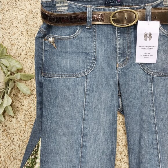 3773 Size 10 Upcycled Ashley Judd Bleach Dyed Brown And Green Bell-Bottoms. - Picture 4 of 7